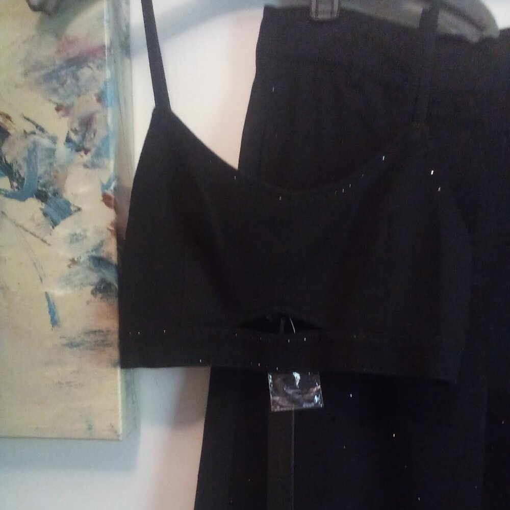 House of Harlow 1960 2PC Black on Black Crystals Denim Crop Top Pantsuit (10)NWT - Picture 2 of 14
